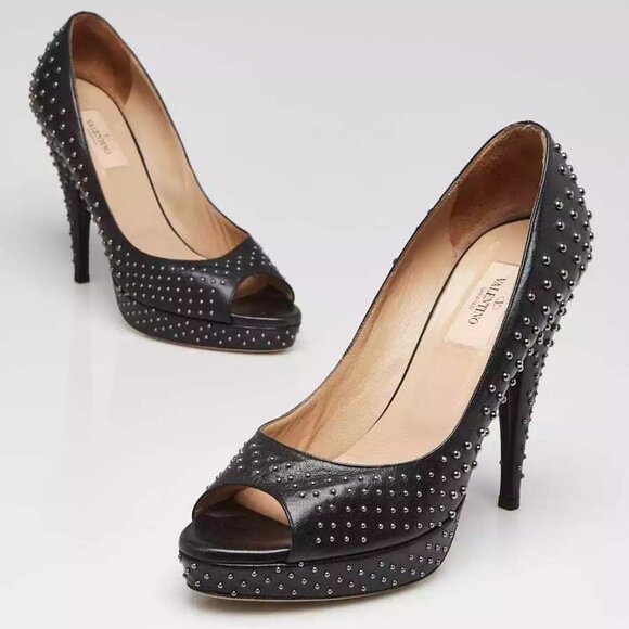 Valentino Black Leather Studded Peep Toe Pumps Size 8/38.5 - Picture 1 of 5
